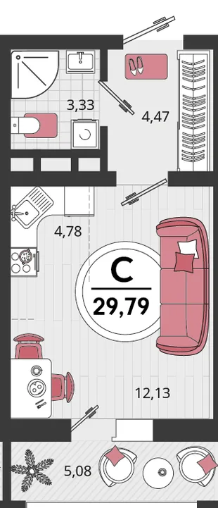 Планировка 1-комн. квартира, 29.79 м² ЖК «Родные просторы»