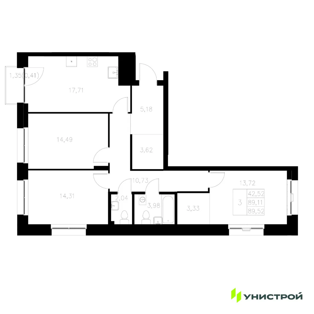 Планировка 3-комн. квартира, 89.52 м² ЖК «Statum»