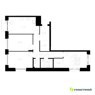 Планировка 3-комн. квартира, 89.52 м² ЖК «Statum»