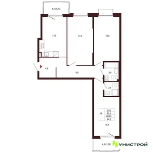 Планировка 3-комн. квартира, 88.05 м² ЖК «Лисино»