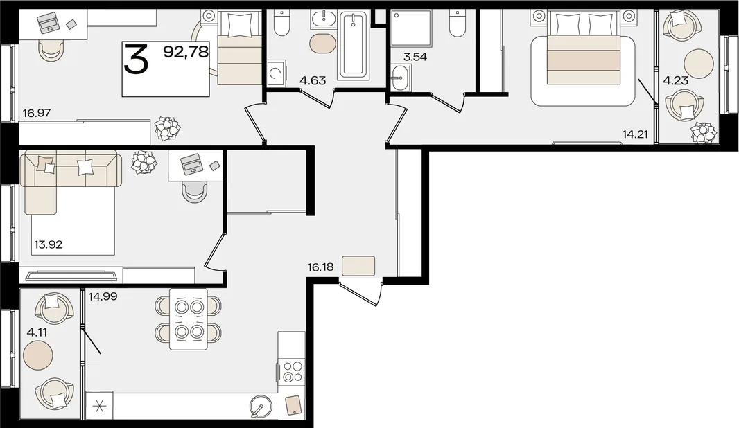 Планировка 3-комн. квартира, 92.27 м² ЖК «Патрики»