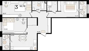 Планировка 3-комн. квартира, 92.27 м² ЖК «Патрики»