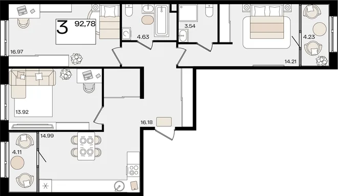 Планировка 3-комн. квартира, 92.27 м² ЖК «Патрики» Планировка 3-комн. квартира, 92.27 м² ЖК «Патрики»