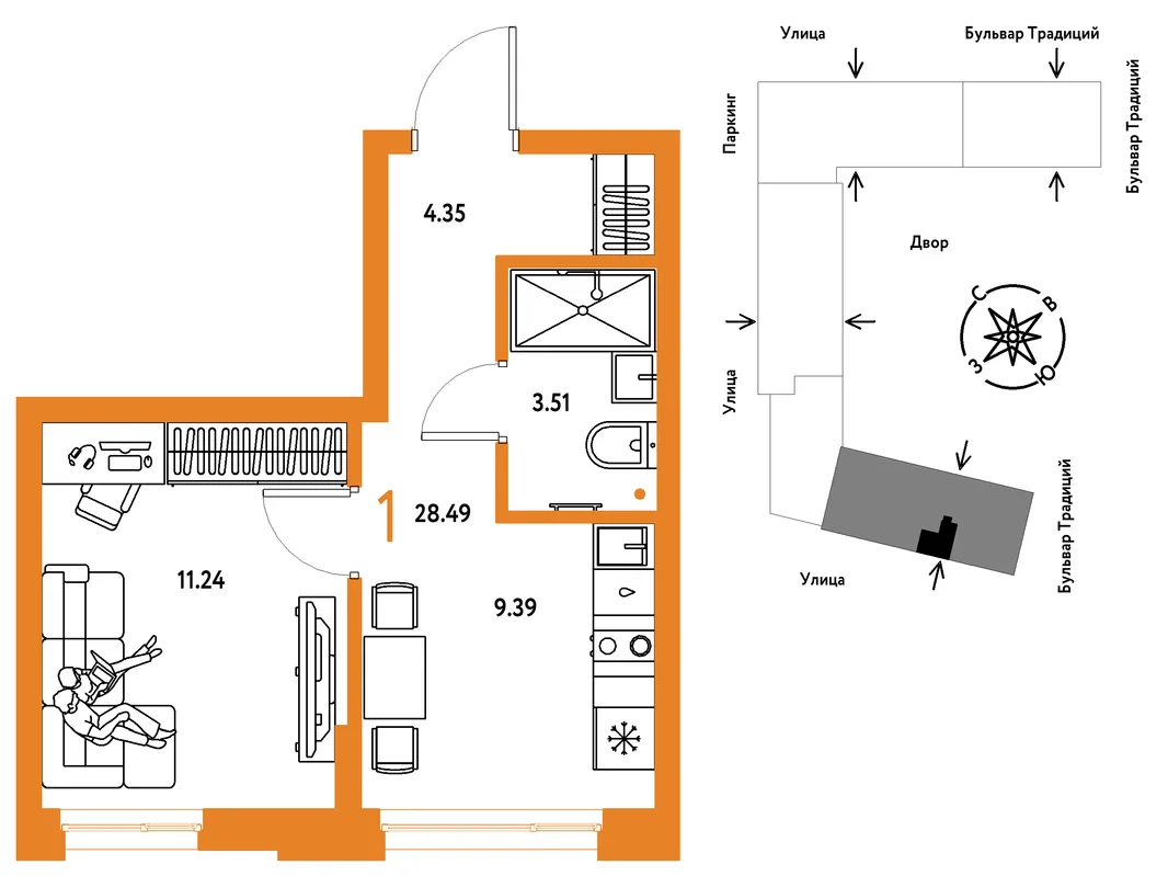 Планировка 1-комн. квартира, 28.49 м² ЖК «Микрорайон Домашний»
