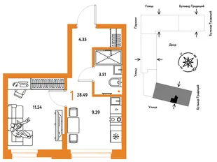 Планировка 1-комн. квартира, 28.49 м² ЖК «Микрорайон Домашний»
