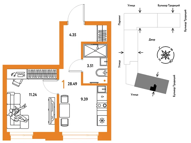 Планировка 1-комн. квартира, 28.49 м² ЖК «Микрорайон Домашний» Планировка 1-комн. квартира, 28.49 м² ЖК «Микрорайон Домашний»