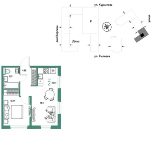 Планировка 2-комн. квартира, 37 м² ЖК «Остров-сад»