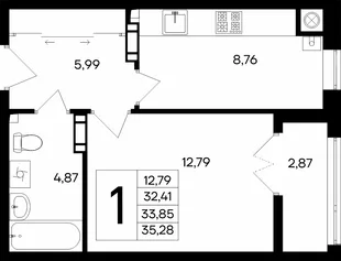 Планировка 1-комн. квартира, 35.28 м² ЖК «Сезоны»