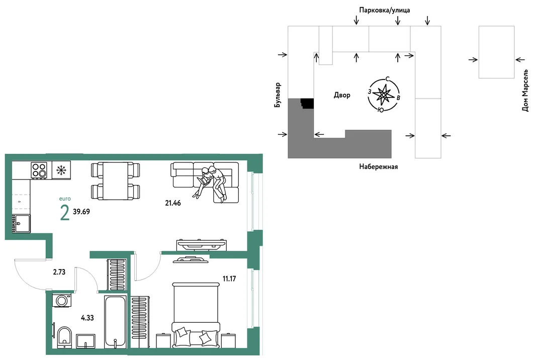 Планировка 2-комн. квартира, 39.69 м² ЖК «Европейский берег 2.0»