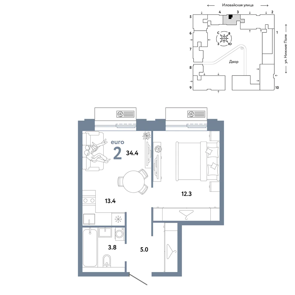 Планировка 2-комн. квартира, 34.4 м² ЖК «Страна.Заречная»