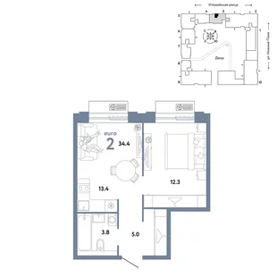 Планировка 2-комн. квартира, 34.4 м² ЖК «Страна.Заречная»