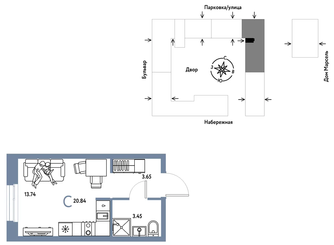 Планировка Студия, 20.84 м² ЖК «Европейский берег 2.0»