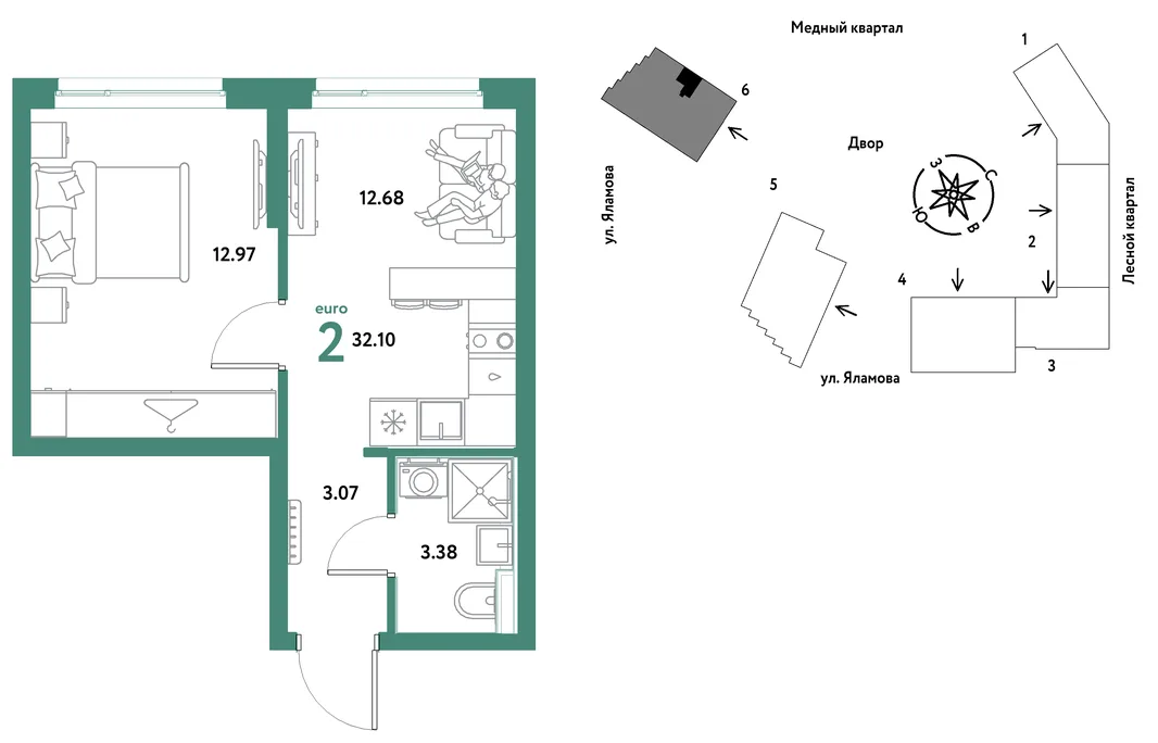 Планировка 2-комн. квартира, 32.1 м² ЖК «Сибирский сад»