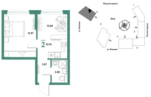 Планировка 2-комн. квартира, 32.1 м² ЖК «Сибирский сад»