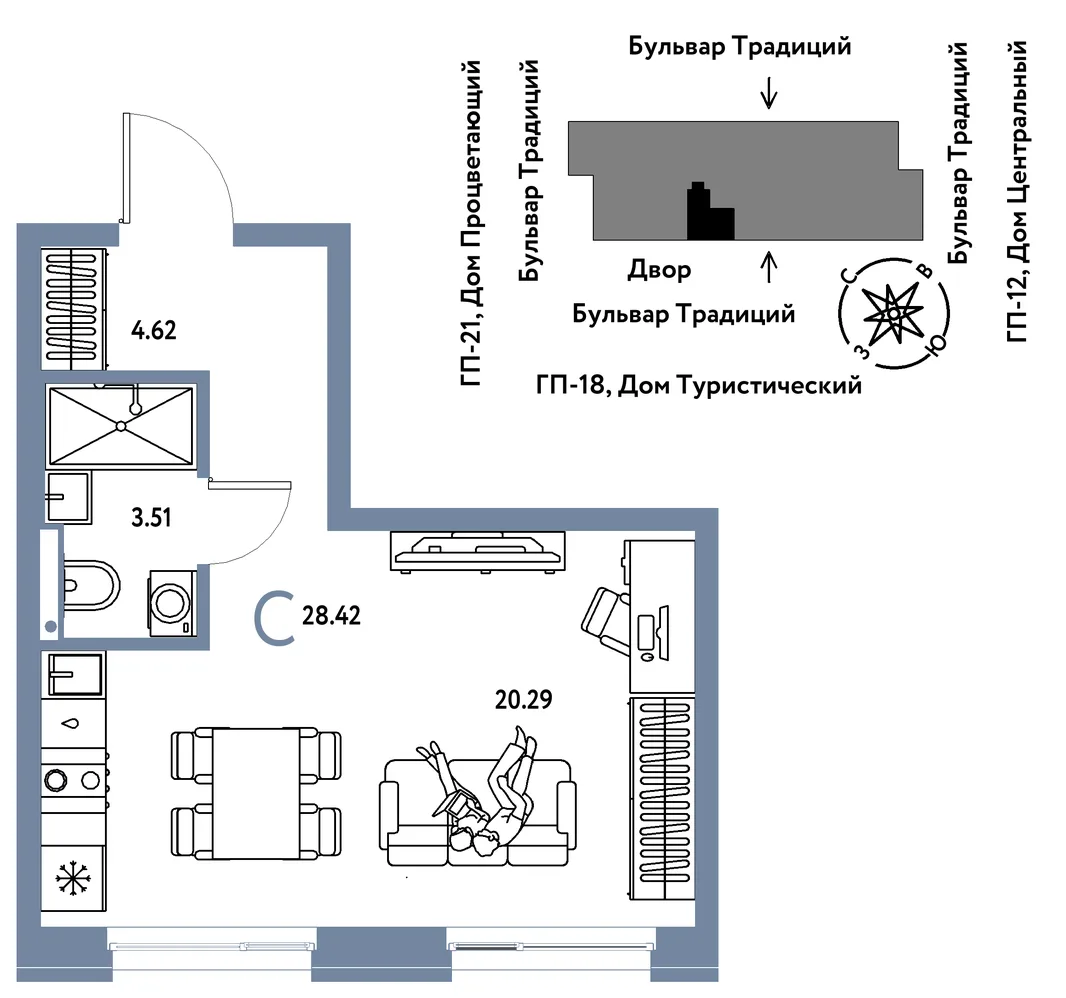 Планировка Студия, 28.42 м² ЖК «Микрорайон Домашний»