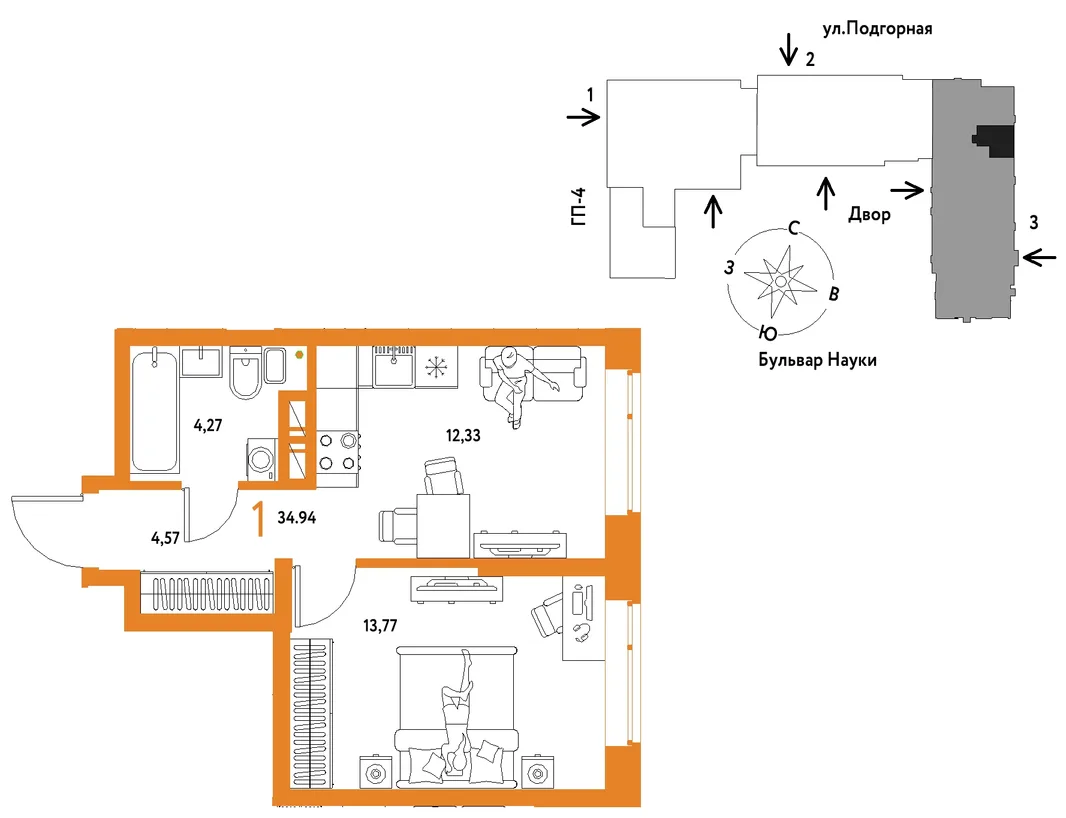 Планировка 1-комн. квартира, 34.94 м² ЖК «Авторский»