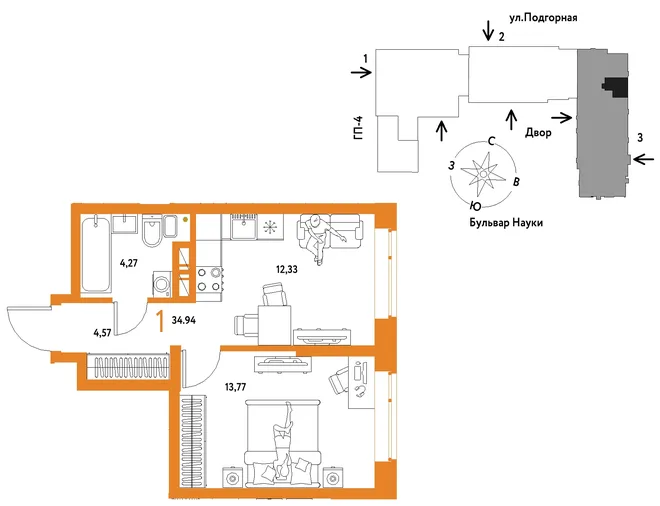 Планировка 1-комн. квартира, 34.94 м² ЖК «Авторский» Планировка 1-комн. квартира, 34.94 м² ЖК «Авторский»