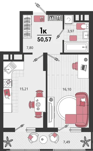 Планировка 1-комн. квартира, 50.57 м² ЖК «Родные просторы»