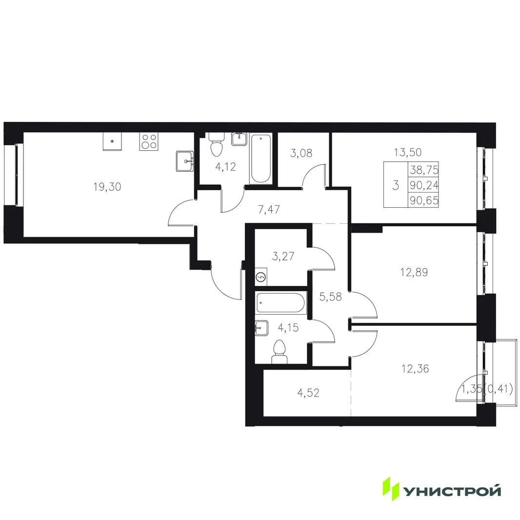 Планировка 3-комн. квартира, 90.65 м² ЖК «Statum»