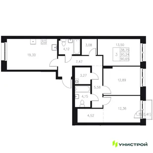 Планировка 3-комн. квартира, 90.65 м² ЖК «Statum»