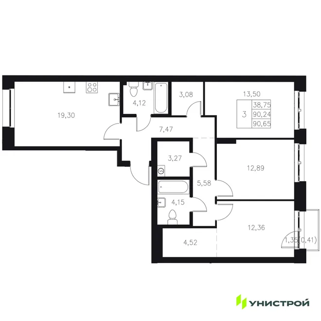 Планировка 3-комн. квартира, 90.65 м² ЖК «Statum» Планировка 3-комн. квартира, 90.65 м² ЖК «Statum»