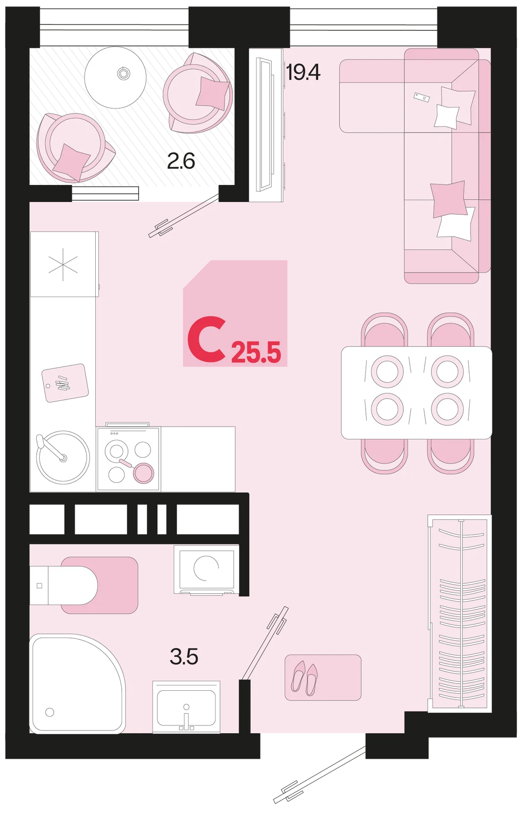 Планировка Студия, 25.5 м² ЖК «Первое место»