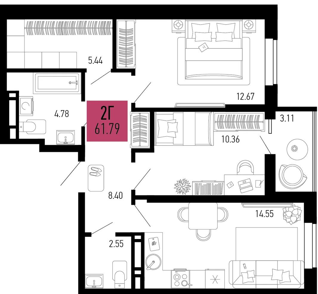 Планировка 2-комн. квартира, 61.79 м² ЖК «Столицыно»