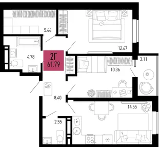 Планировка 2-комн. квартира, 61.79 м² ЖК «Столицыно»