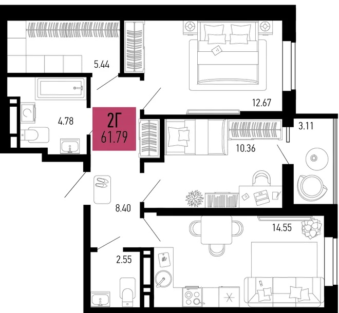 Планировка 2-комн. квартира, 61.79 м² ЖК «Столицыно» Планировка 2-комн. квартира, 61.79 м² ЖК «Столицыно»