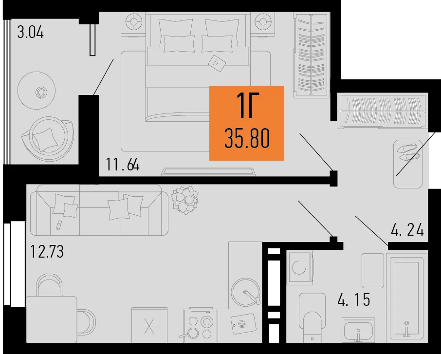 Планировка 1-комн. квартира, 35.8 м² ЖК «Столицыно»