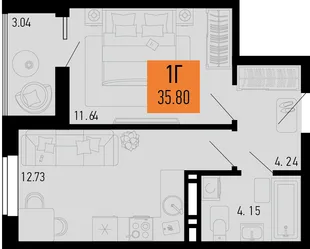 Планировка 1-комн. квартира, 35.8 м² ЖК «Столицыно»