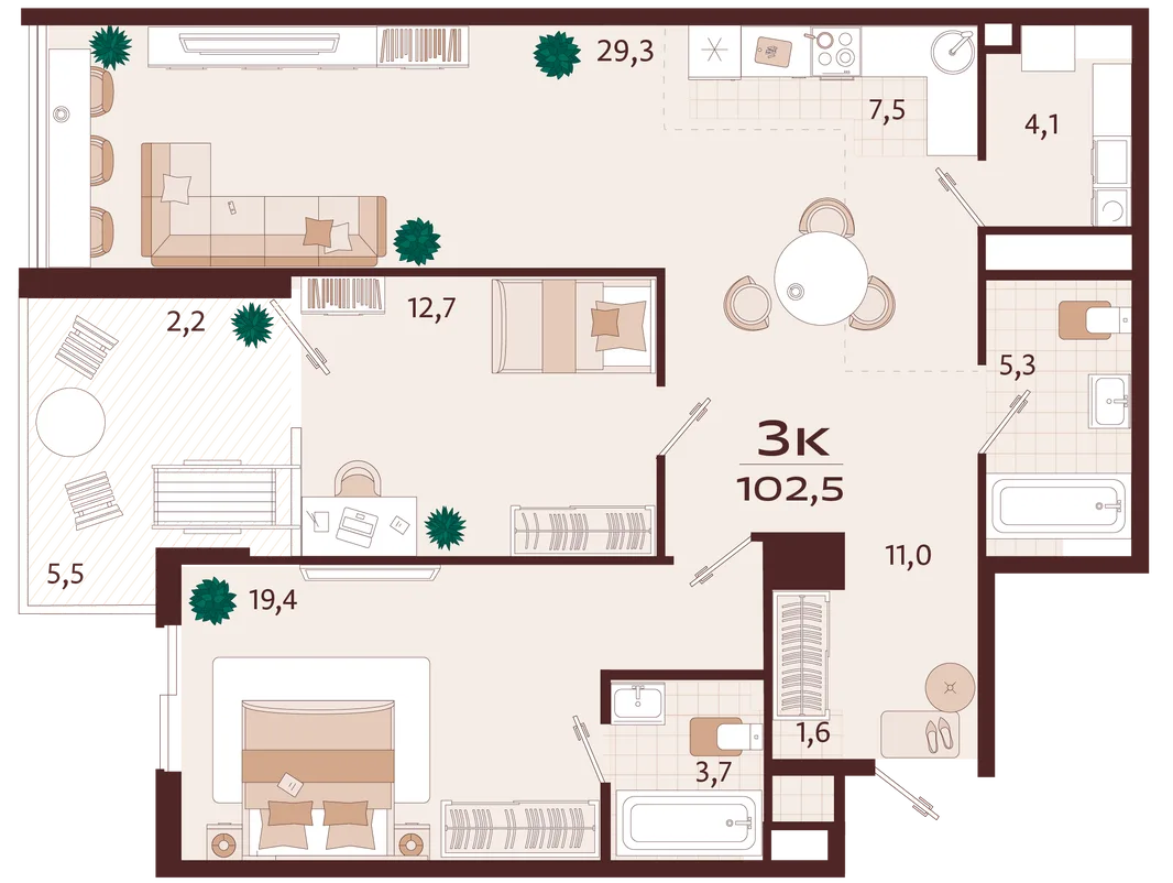 Планировка 3-комн. квартира, 102.3 м² ЖК «Роялта»