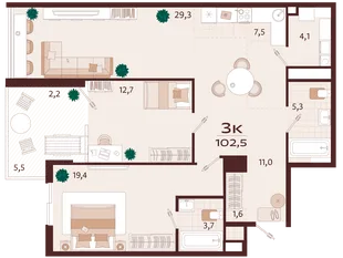 Планировка 3-комн. квартира, 102.3 м² ЖК «Роялта»