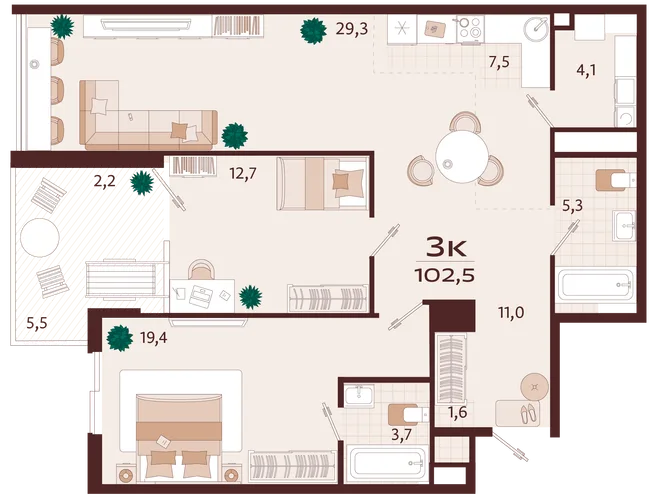 Планировка 3-комн. квартира, 102.3 м² ЖК «Роялта» Планировка 3-комн. квартира, 102.3 м² ЖК «Роялта»