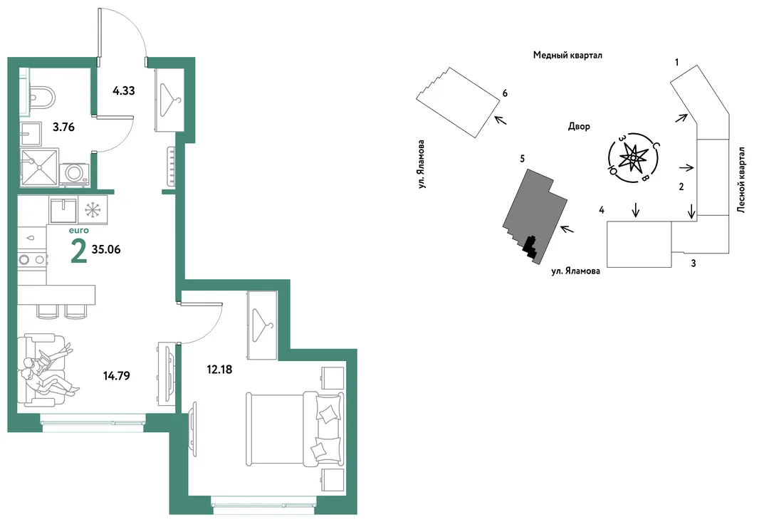 Планировка 2-комн. квартира, 35.06 м² ЖК «Сибирский сад»