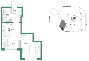 Планировка 2-комн. квартира, 35.06 м² ЖК «Сибирский сад»