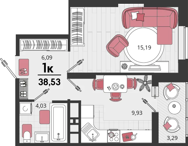 Планировка 1-комн. квартира, 38.53 м² ЖК «Родные просторы»