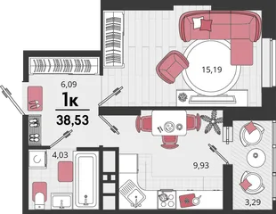 Планировка 1-комн. квартира, 38.53 м² ЖК «Родные просторы»