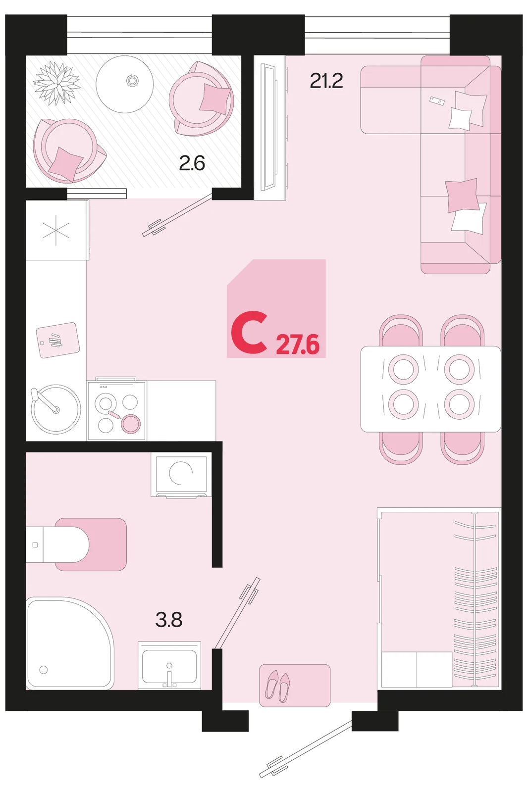 Планировка Студия, 27.6 м² ЖК «Первое место»