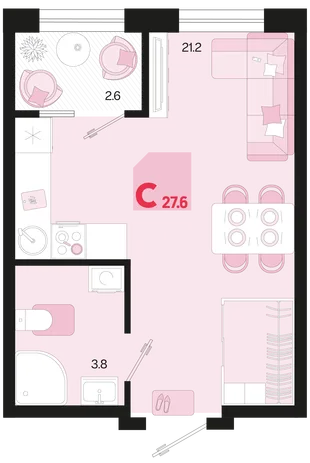 Планировка Студия, 27.6 м² ЖК «Первое место»