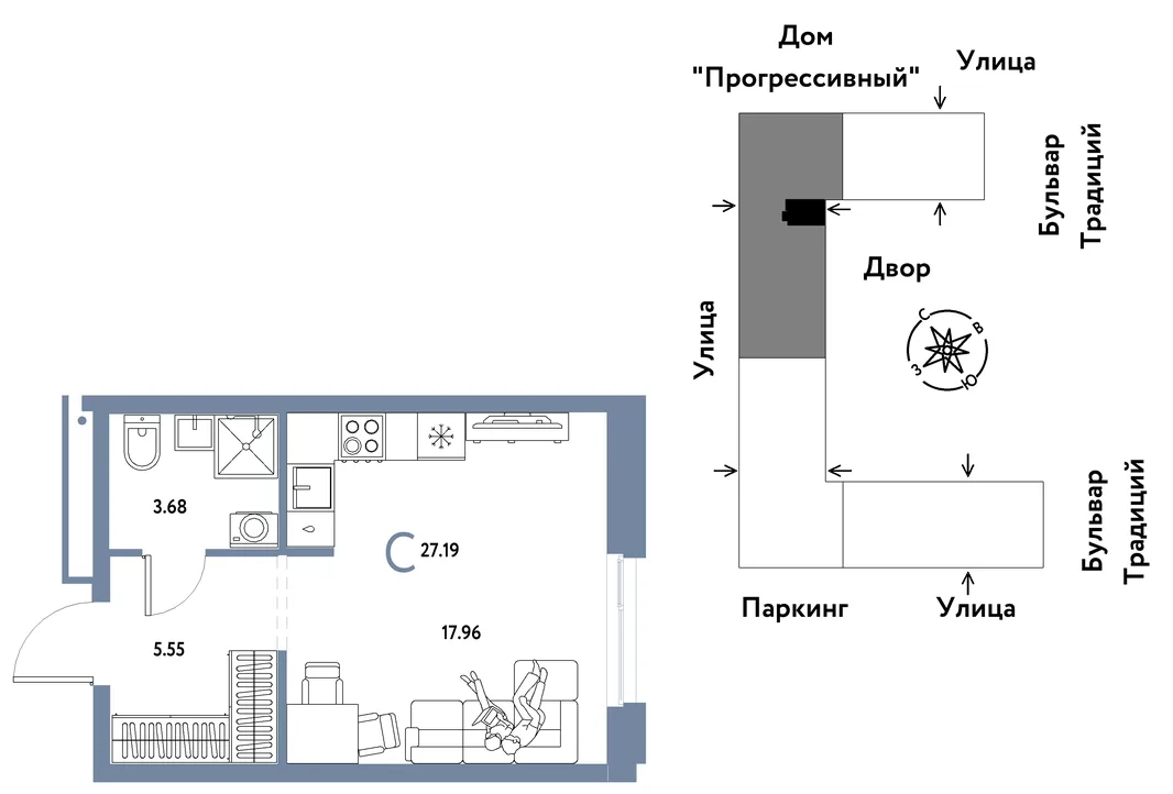 Планировка Студия, 27.19 м² ЖК «Микрорайон Домашний»
