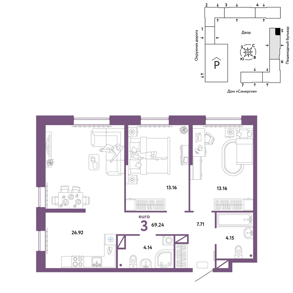 Планировка 3-комн. квартира, 69.24 м² ЖК «Юнион»