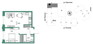 Планировка 2-комн. квартира, 40.51 м² ЖК «Остров-сад»