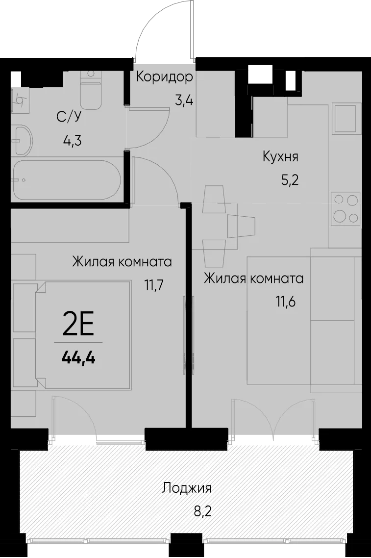 Планировка 2-комн. квартира, 44.4 м² ЖК «Васильевский остров»
