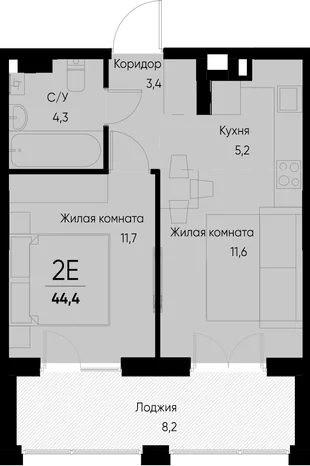 Планировка 2-комн. квартира, 44.4 м² ЖК «Васильевский остров»