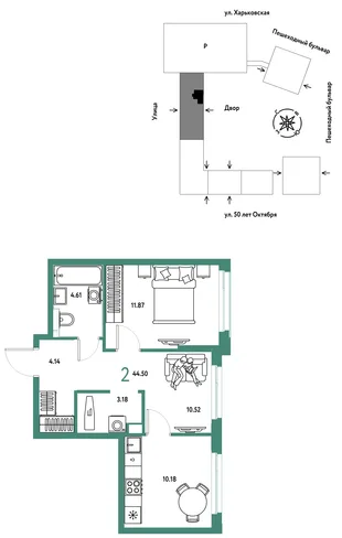 Планировка 2-комн. квартира, 44.5 м² ЖК «Сердце Сибири»