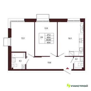 Планировка 2-комн. квартира, 60.6 м² ЖК «Лисино»