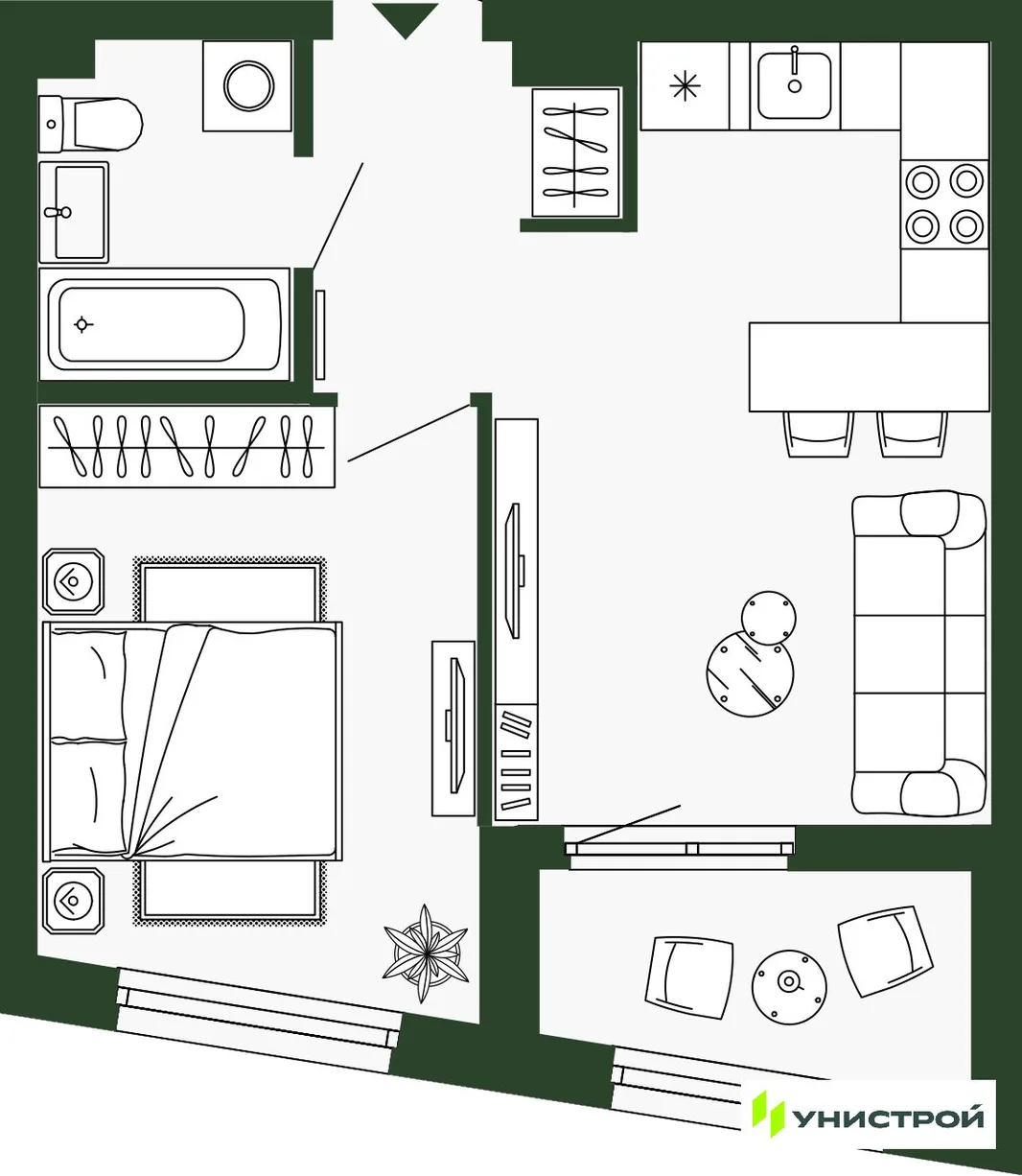 Планировка 1-комн. квартира, 38.8 м² ЖК «Парковый квартал 2.0»