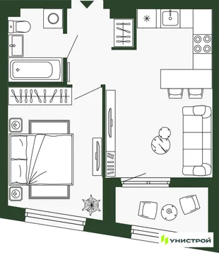Планировка 1-комн. квартира, 38.8 м² ЖК «Парковый квартал 2.0»