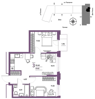 Планировка 3-комн. квартира, 53.48 м² ЖК «Авторский»